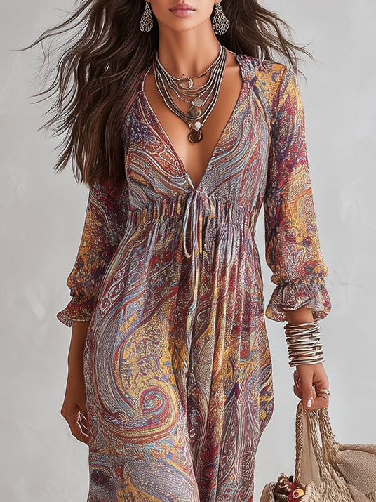 Women’s Paisley Print V-Neck Gathered Maxi Dress