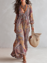 Women’s Paisley Print V-Neck Gathered Maxi Dress