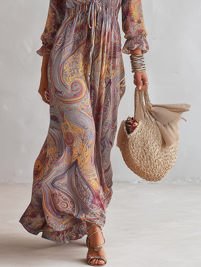 Women’s Paisley Print V-Neck Gathered Maxi Dress