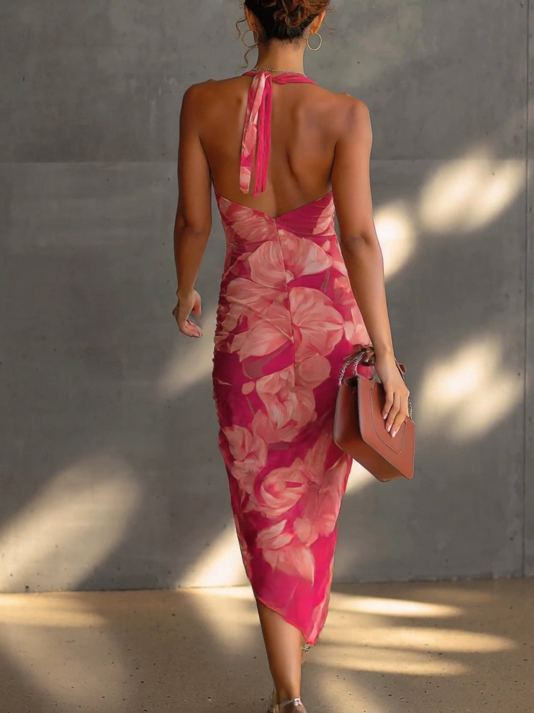 Women’s Floral Print Ruched Side Split Bodycon Dress