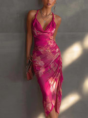 Women’s Floral Print Ruched Side Split Bodycon Dress