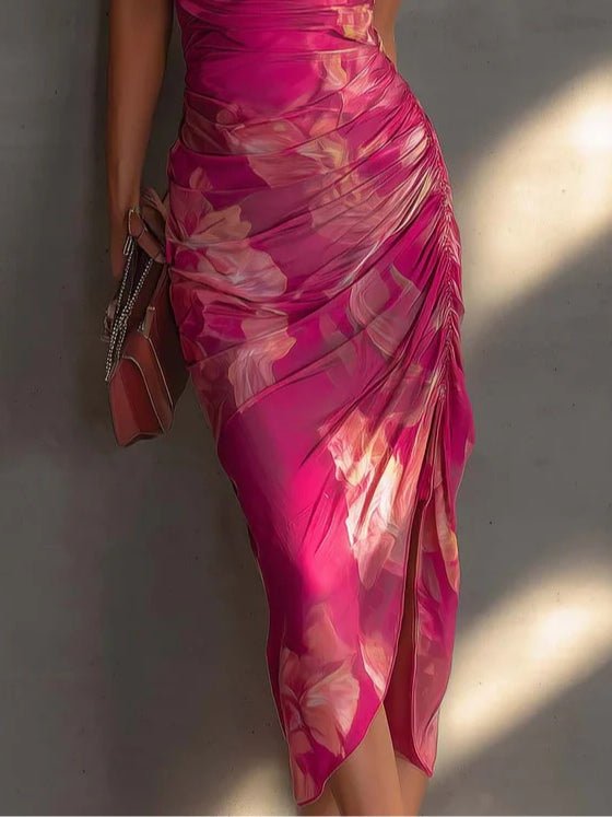 Women’s Floral Print Ruched Side Split Bodycon Dress