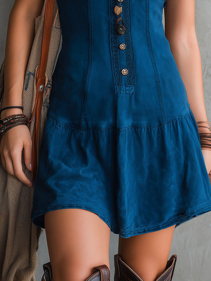 Women’s Boho V Neck Button Front Sleeveless Mini Dress