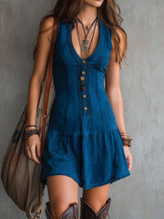 Women’s Boho V Neck Button Front Sleeveless Mini Dress
