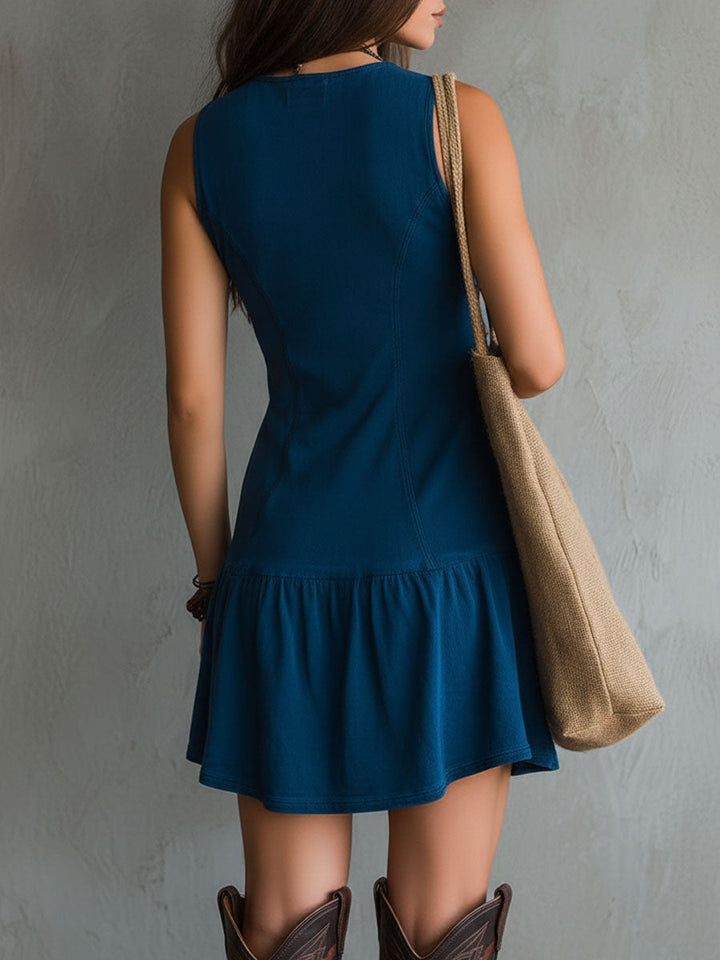 Women’s Boho V Neck Button Front Sleeveless Mini Dress