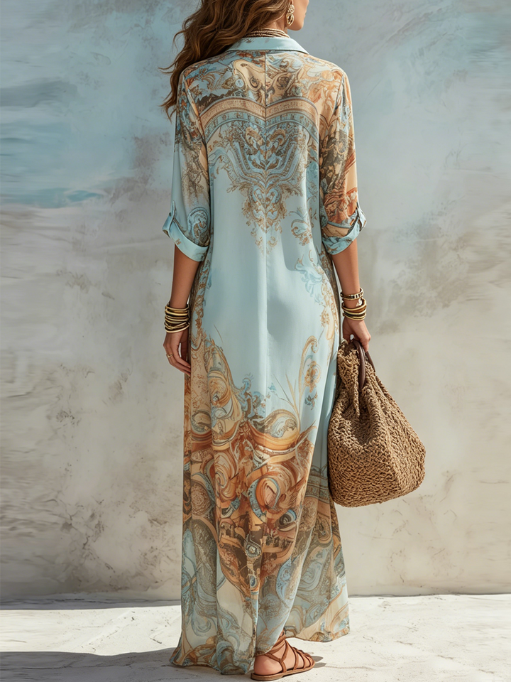 Women’s Blue Floral Print Maxi Shirt Dress