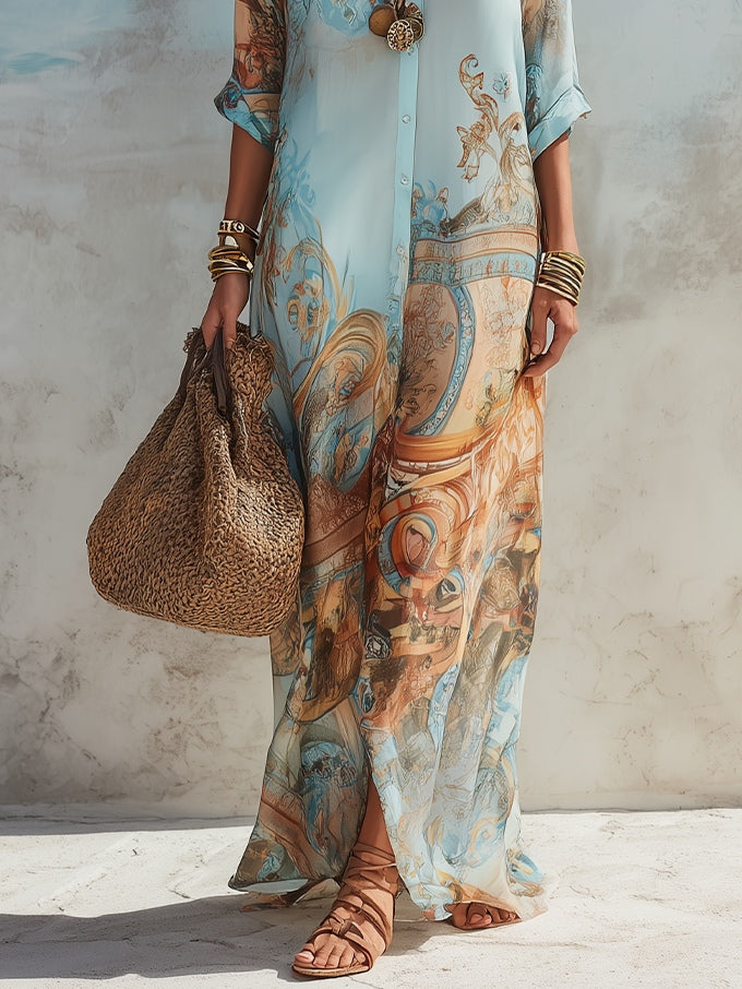 Women’s Blue Floral Print Maxi Shirt Dress