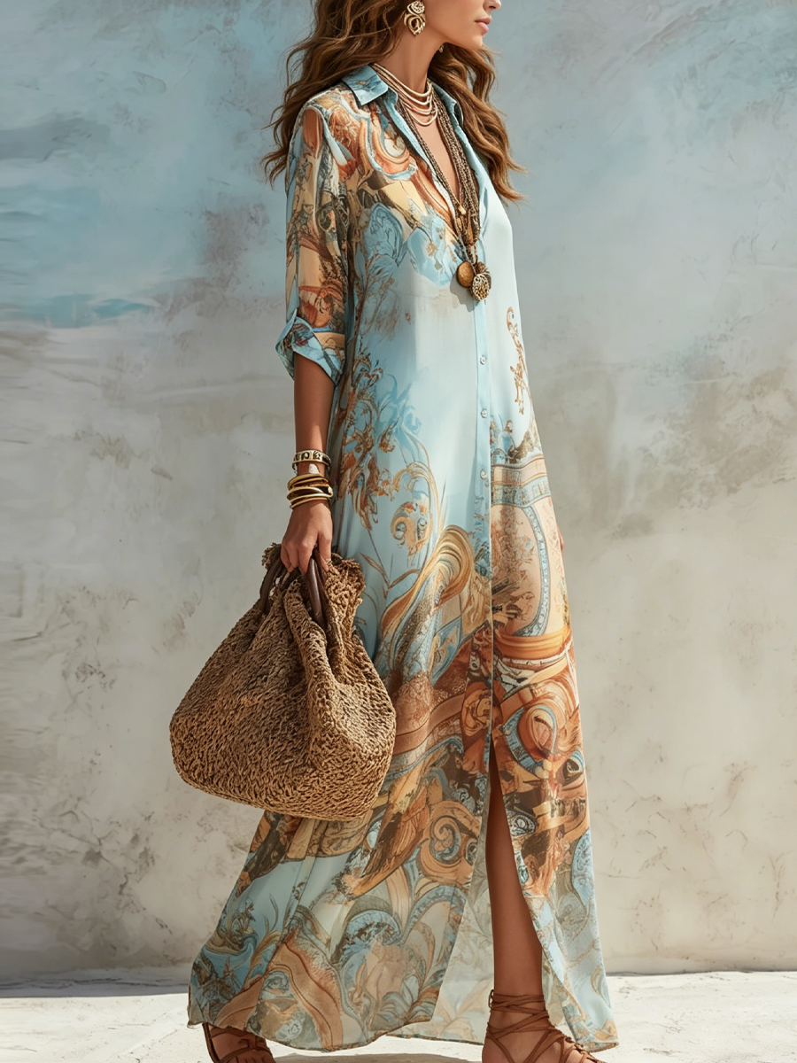Women’s Blue Floral Print Maxi Shirt Dress