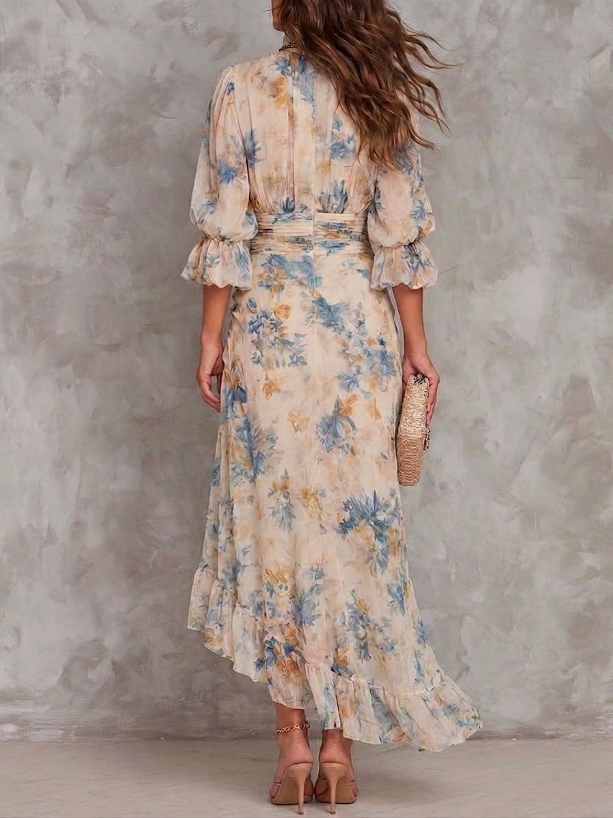 Women’s Beige Turtleneck Floral Print Maxi Dress