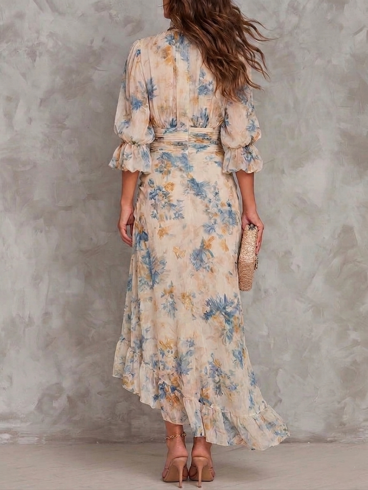 Women’s Beige Turtleneck Floral Print Maxi Dress