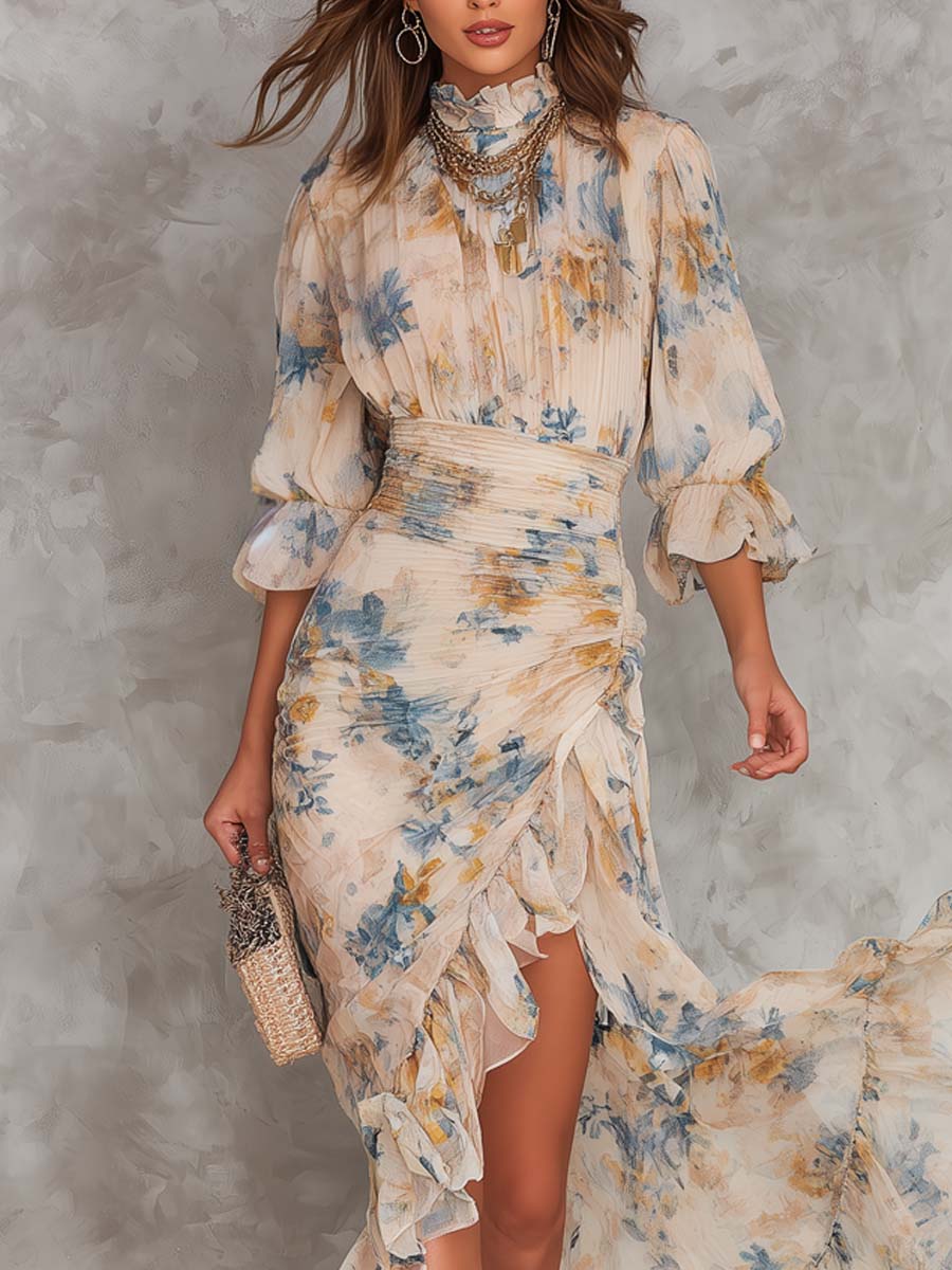 Women’s Beige Turtleneck Floral Print Maxi Dress