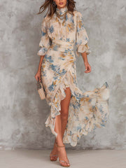 Women’s Beige Turtleneck Floral Print Maxi Dress