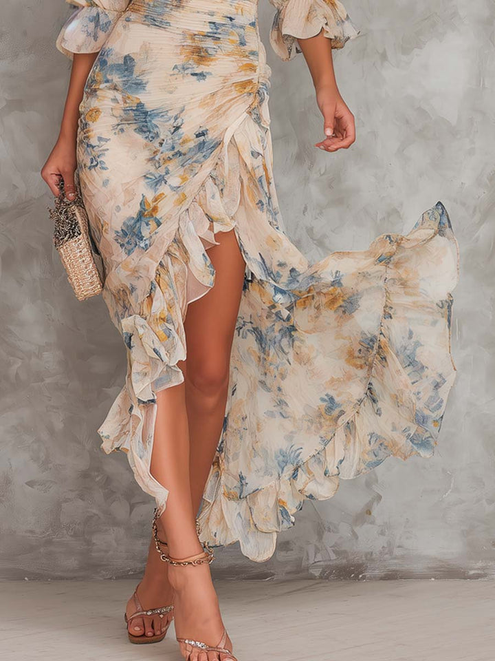 Women’s Beige Turtleneck Floral Print Maxi Dress