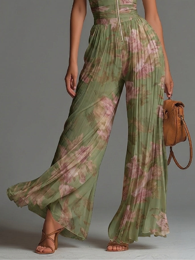 Women’s Green Floral V-Neck Wide-Leg Jumpsuit