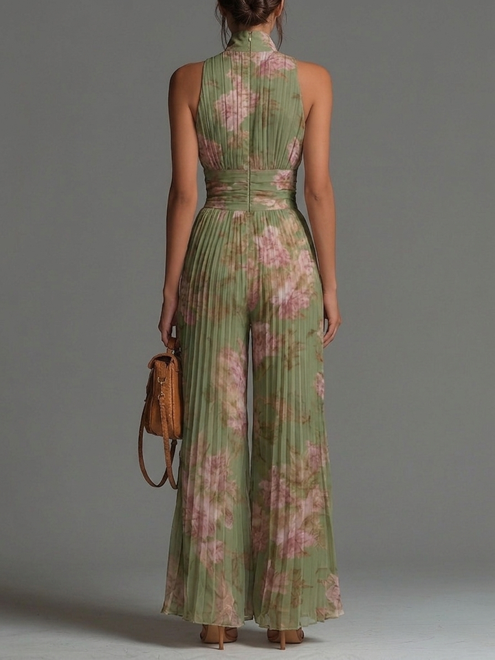 Women’s Green Floral V-Neck Wide-Leg Jumpsuit