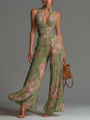 Women’s Green Floral V-Neck Wide-Leg Jumpsuit