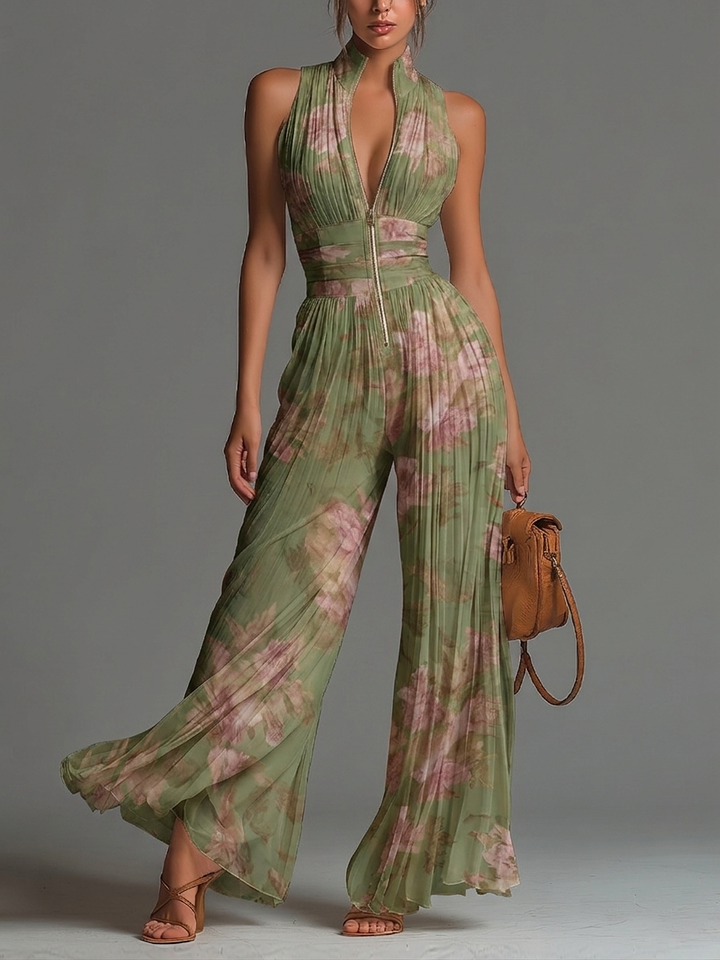 Women’s Green Floral V-Neck Wide-Leg Jumpsuit