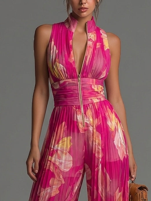 Women’s Fuchsia Floral Print Wide Leg Sleeveless Jumpsuit