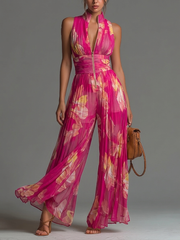Women’s Fuchsia Floral Print Wide Leg Sleeveless Jumpsuit