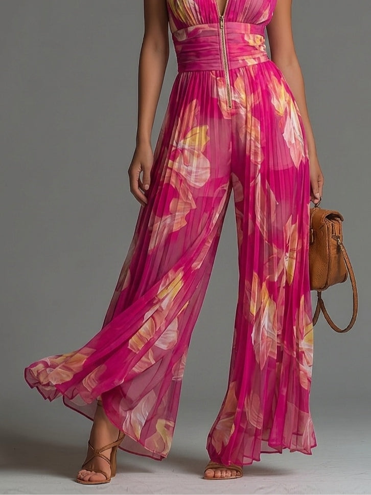 Women’s Fuchsia Floral Print Wide Leg Sleeveless Jumpsuit