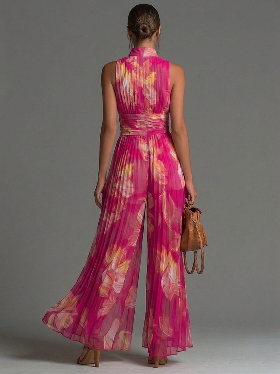 Women’s Fuchsia Floral Print Wide Leg Sleeveless Jumpsuit