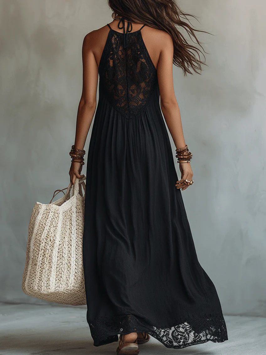 Women’s Boho Black Sleeveless Maxi Dress