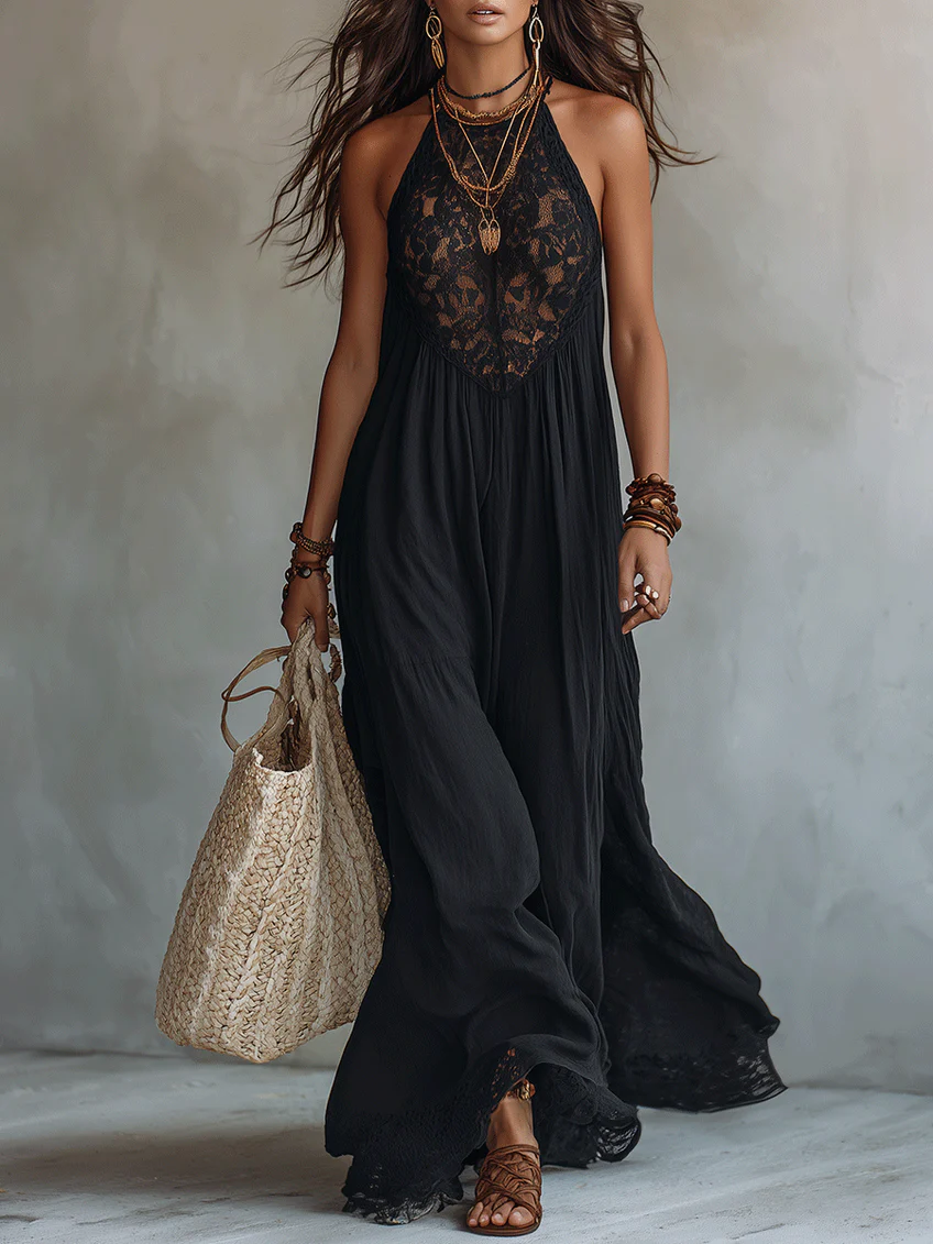 Women’s Boho Black Sleeveless Maxi Dress
