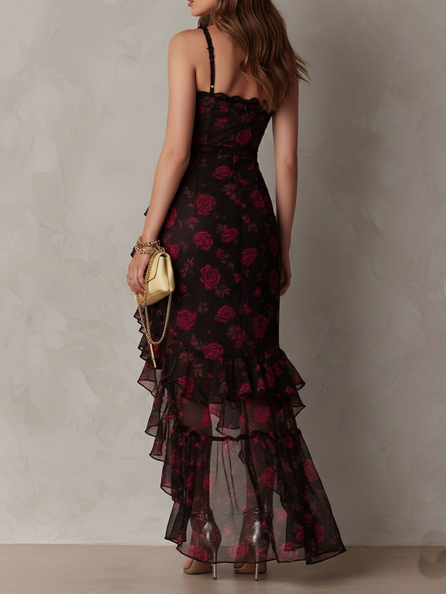 Women’s Floral Ruched Ruffle Hem Dress