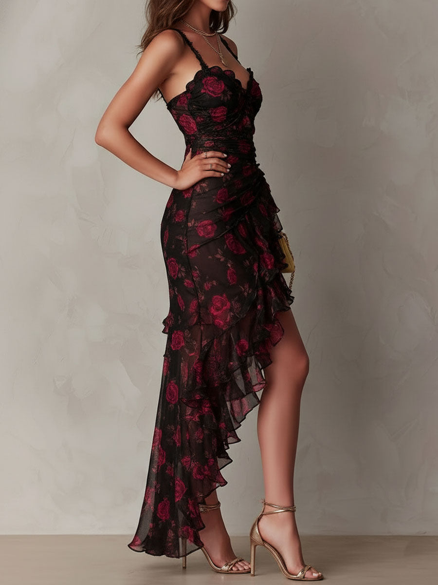 Women’s Floral Ruched Ruffle Hem Dress