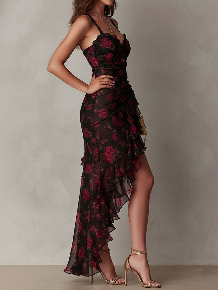 Women’s Floral Ruched Ruffle Hem Dress