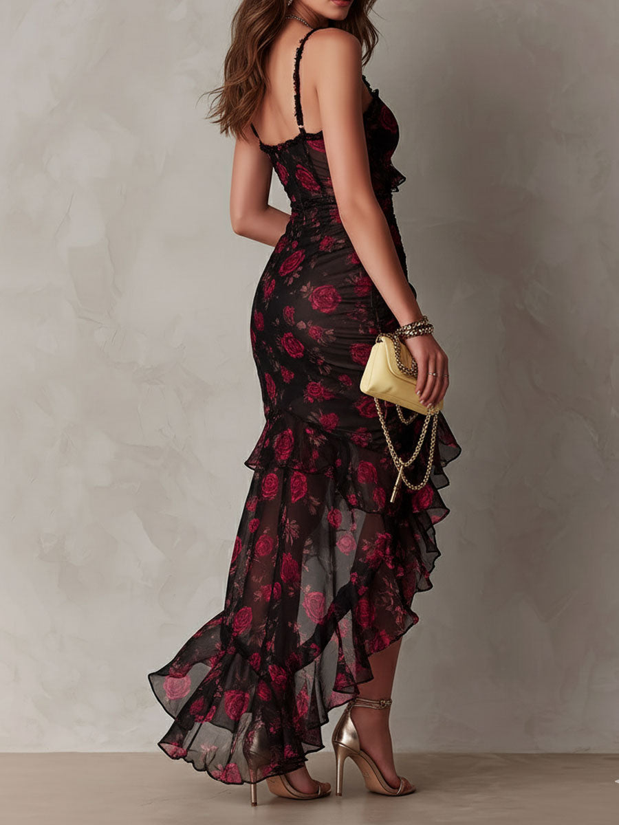 Women’s Floral Ruched Ruffle Hem Dress