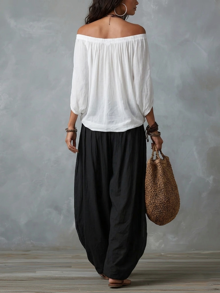 Women’s White Off-Shoulder Top And Lantern Pants Set