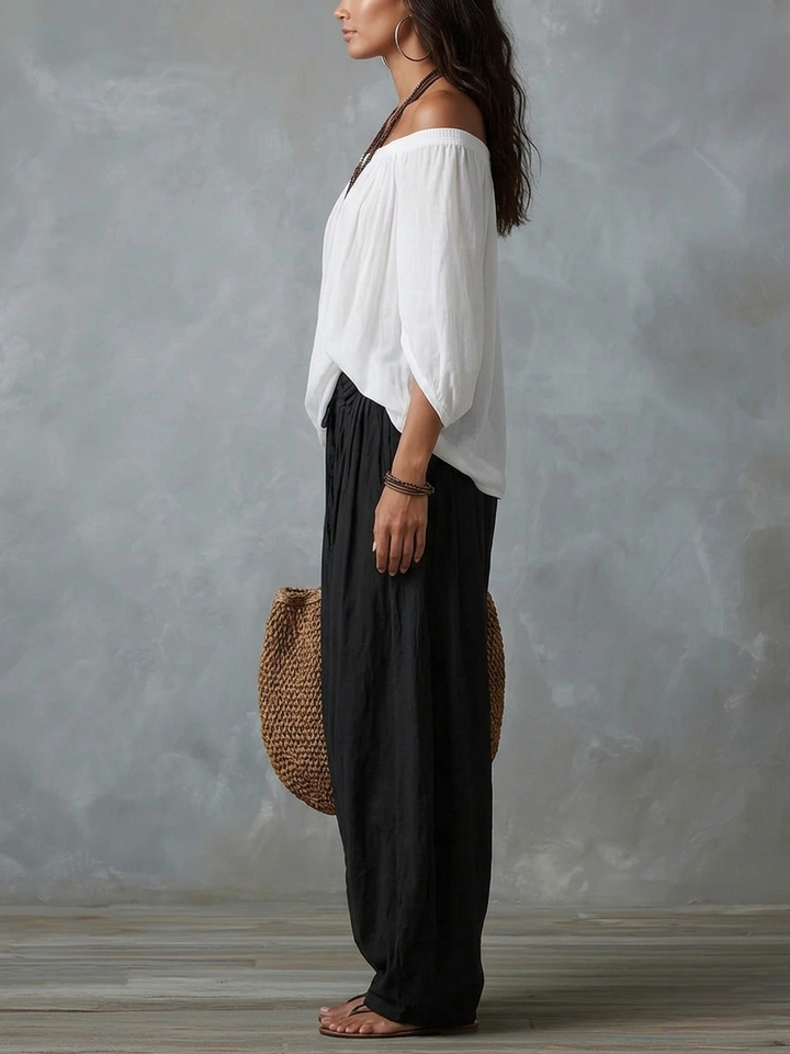 Women’s White Off-Shoulder Top And Lantern Pants Set