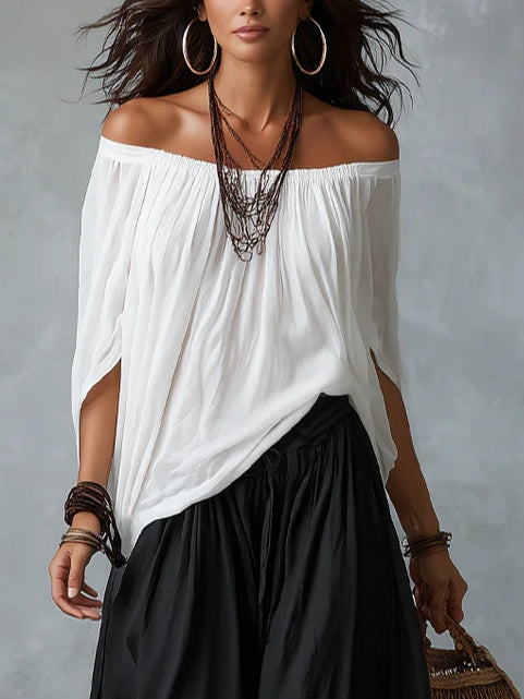 Women’s White Off-Shoulder Top And Lantern Pants Set