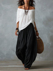 Women’s White Off-Shoulder Top And Lantern Pants Set