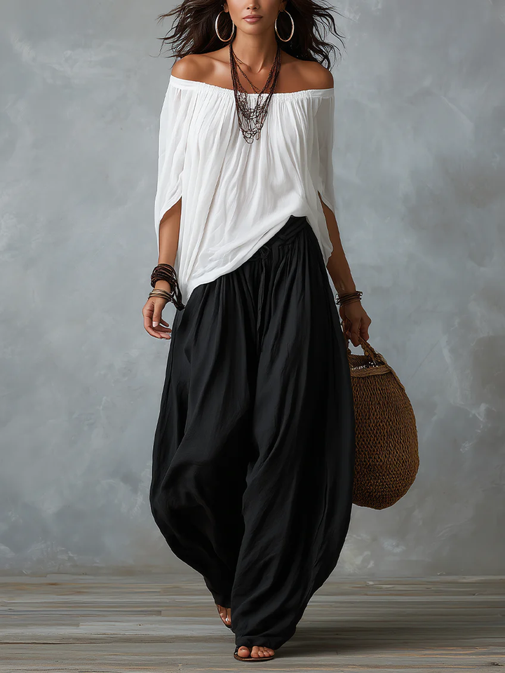 Women’s White Off-Shoulder Top And Lantern Pants Set