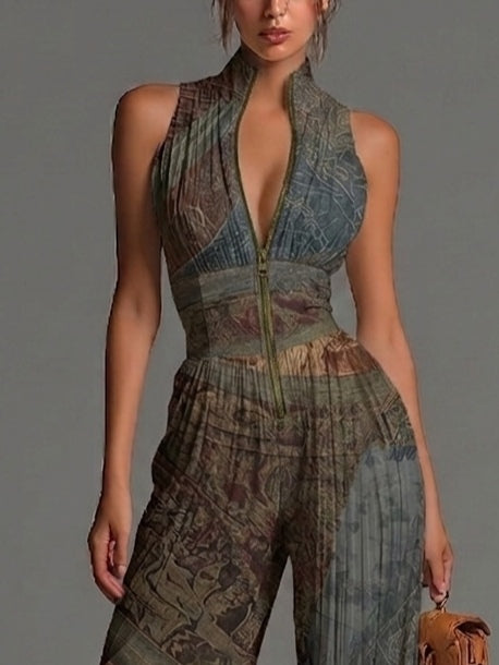 Women’s Boho Print Sleeveless Wide-Leg Jumpsuit