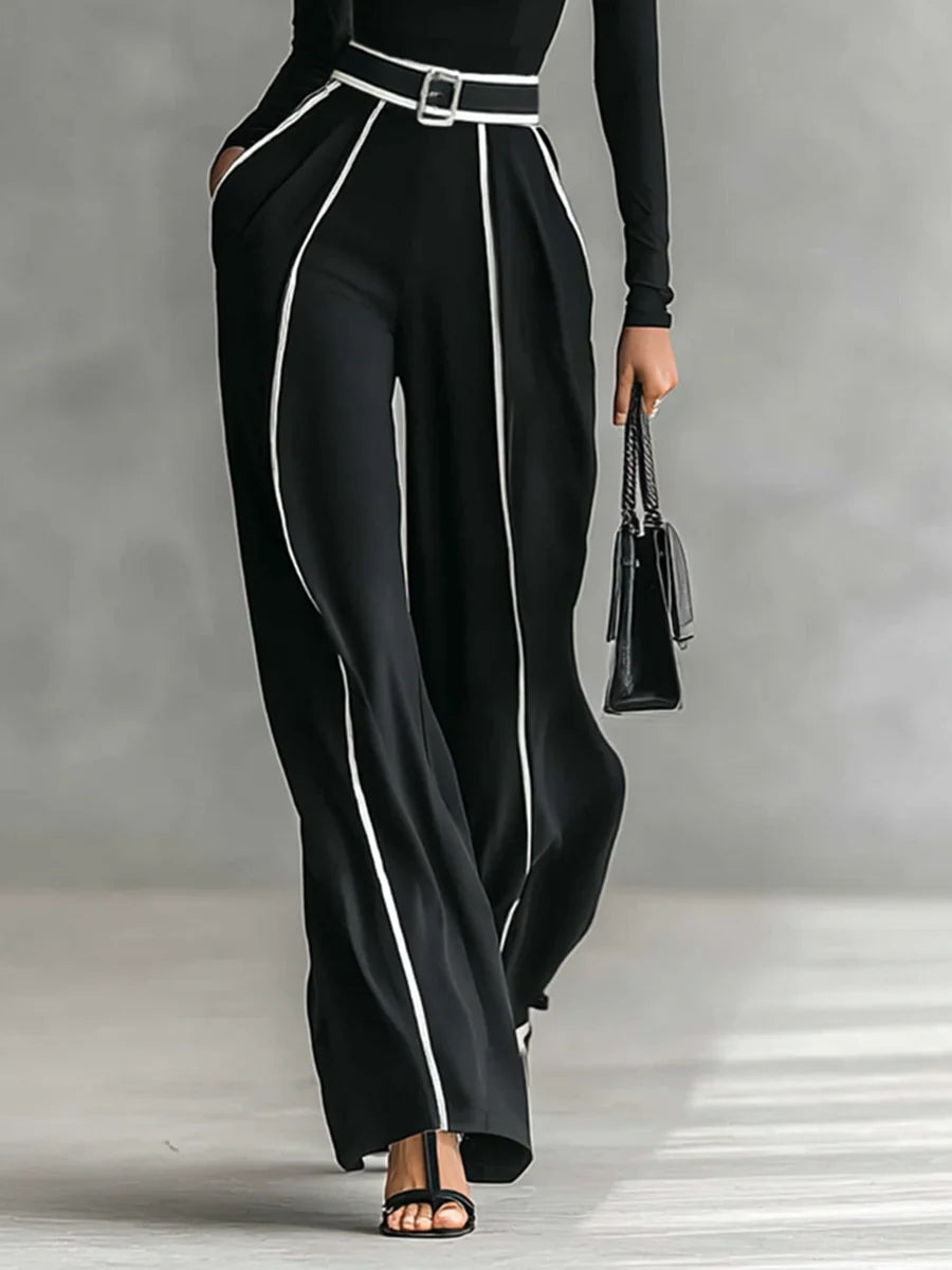 Women’s Elegant High Neck Wide-Leg Two-Piece Pants Set