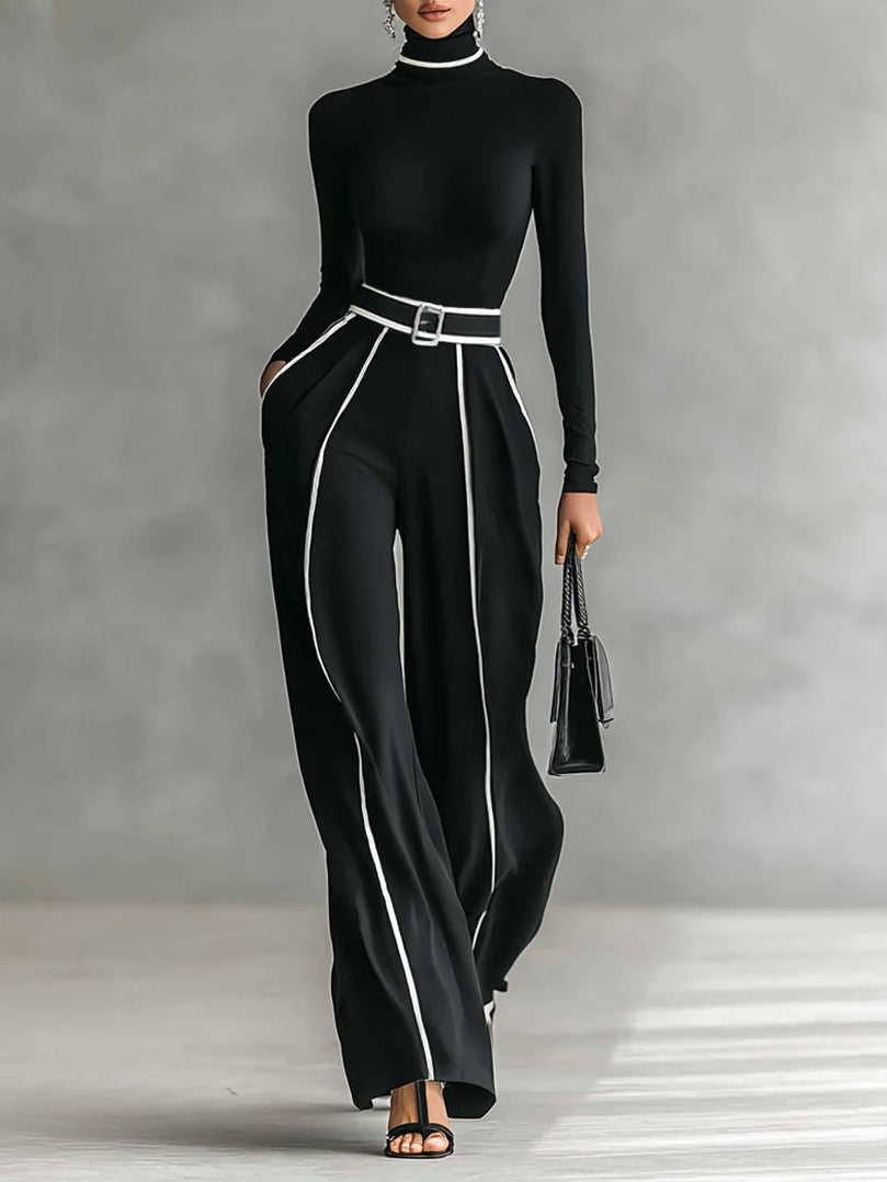 Women’s Elegant High Neck Wide-Leg Two-Piece Pants Set