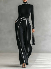 Women’s Elegant High Neck Wide-Leg Two-Piece Pants Set