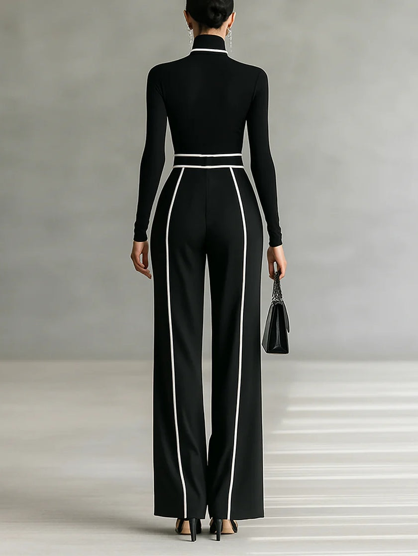 Women’s Elegant High Neck Wide-Leg Two-Piece Pants Set