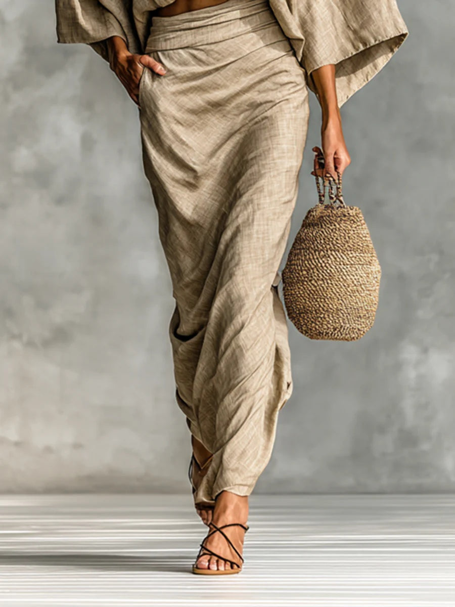 Women’s Beige Two Piece Batwing Sleeve Top And Maxi Skirt Set