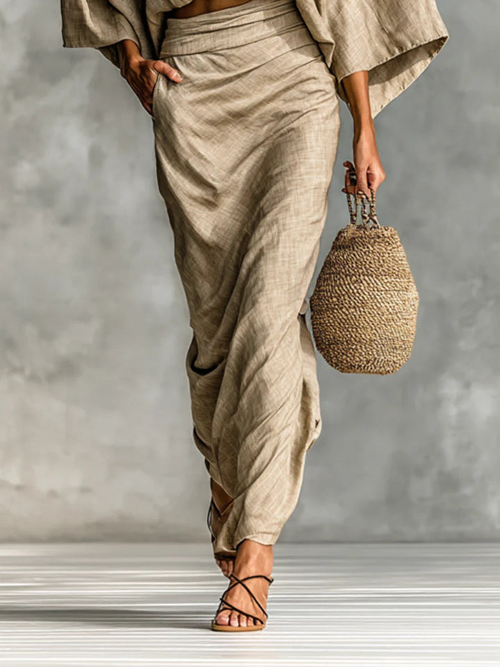 Women’s Beige Two Piece Batwing Sleeve Top And Maxi Skirt Set