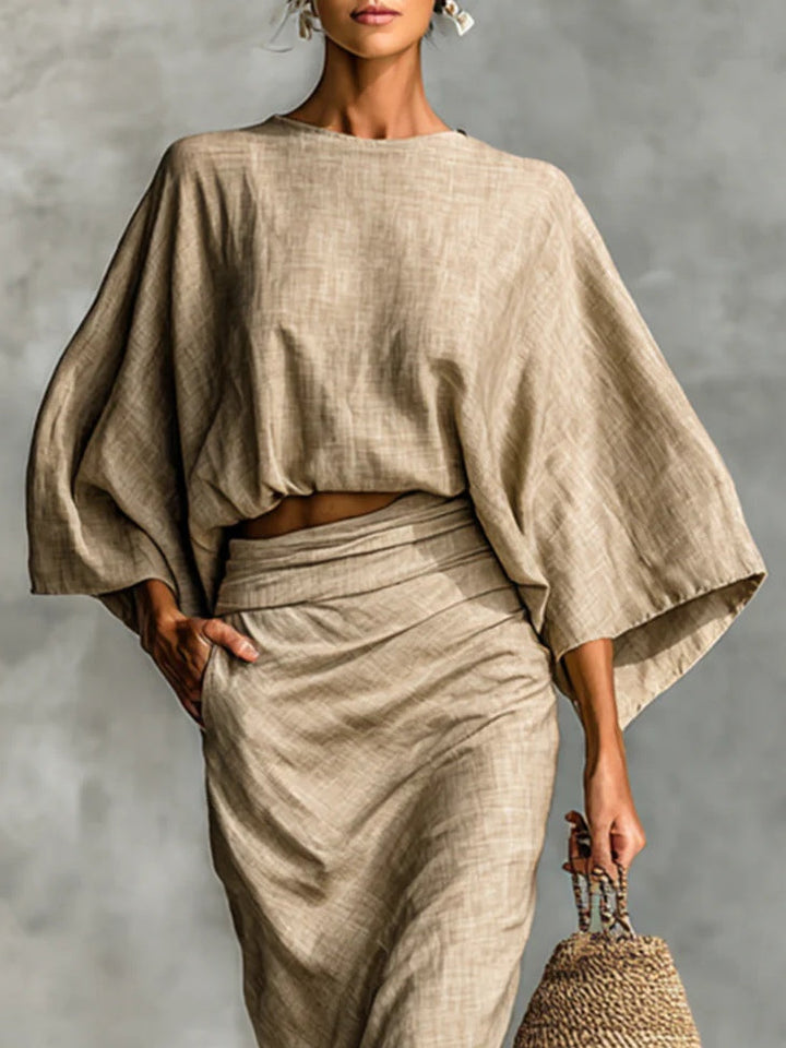 Women’s Beige Two Piece Batwing Sleeve Top And Maxi Skirt Set