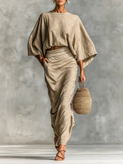 Women’s Beige Two Piece Batwing Sleeve Top And Maxi Skirt Set