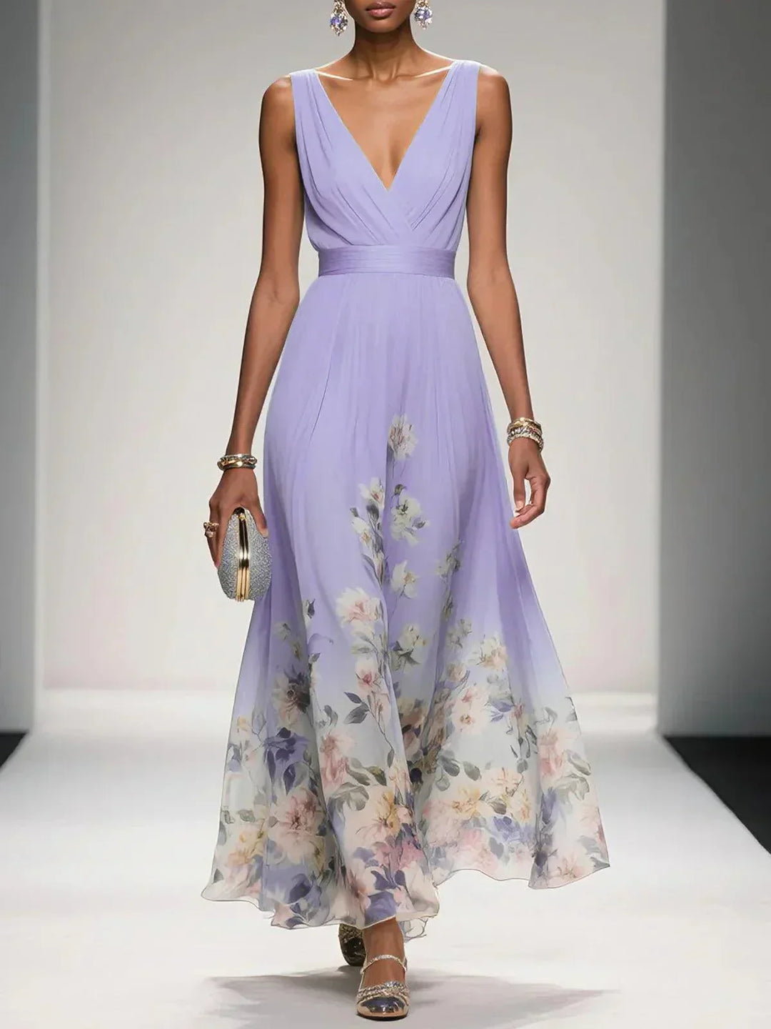 Women’s Light Blue Floral V Neck Maxi Dress