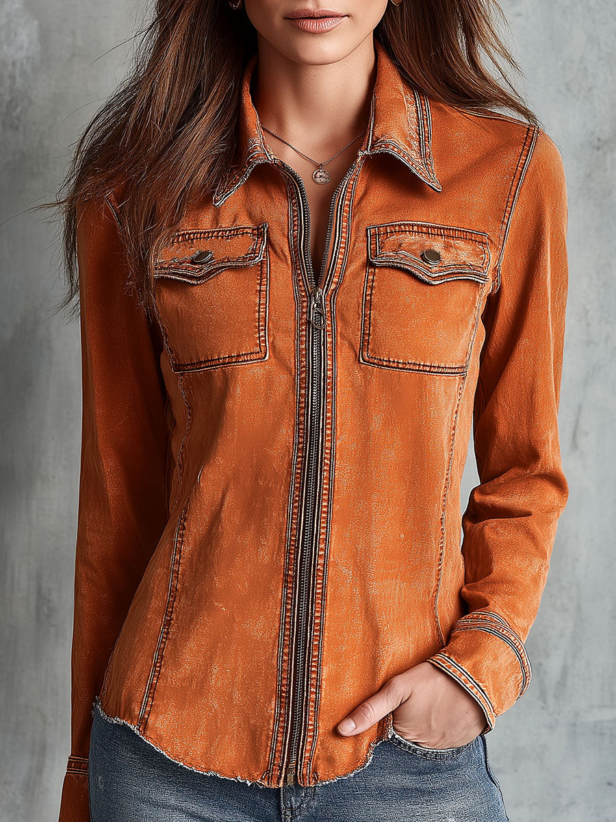 Women’s Vintage Burnt Orange Utility Zip Up Jacket
