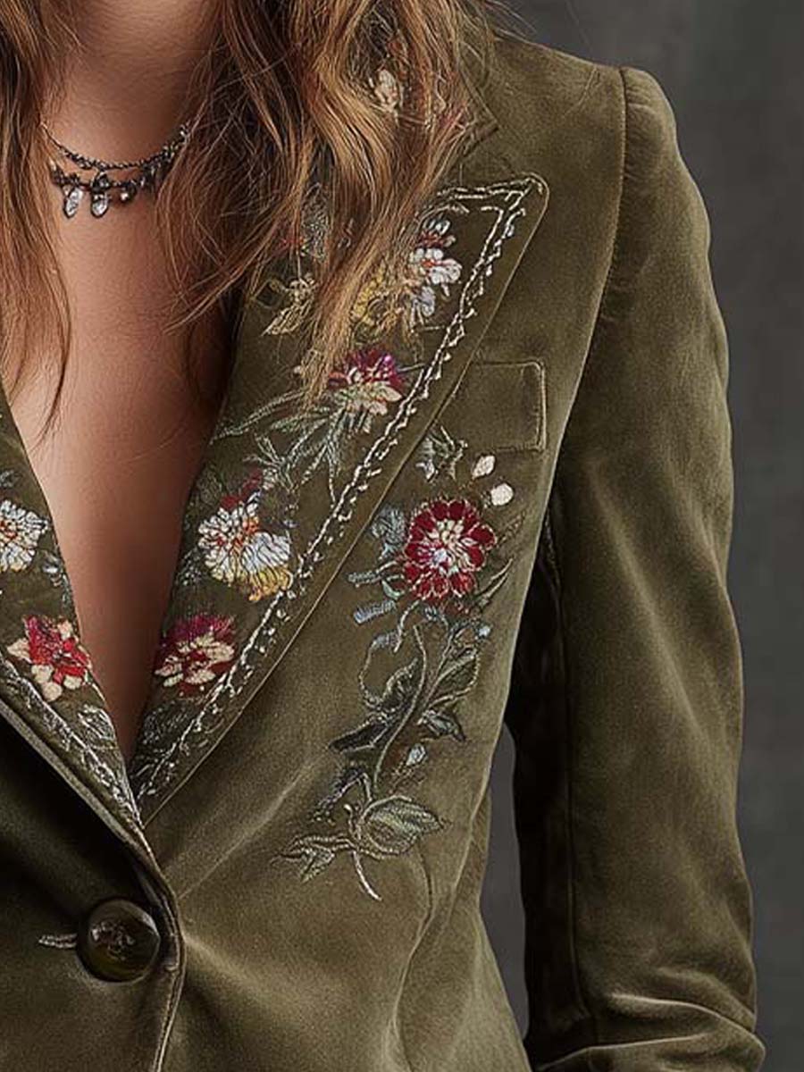 Women’s Olive Green Floral Embroidered Blazer