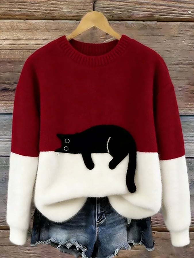 Women’s Cat Graphic Crewneck Pullover Sweater