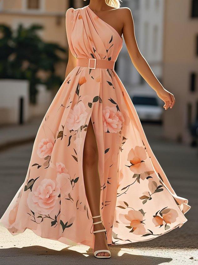 Women’s Light Green Floral One-Shoulder Maxi Dress